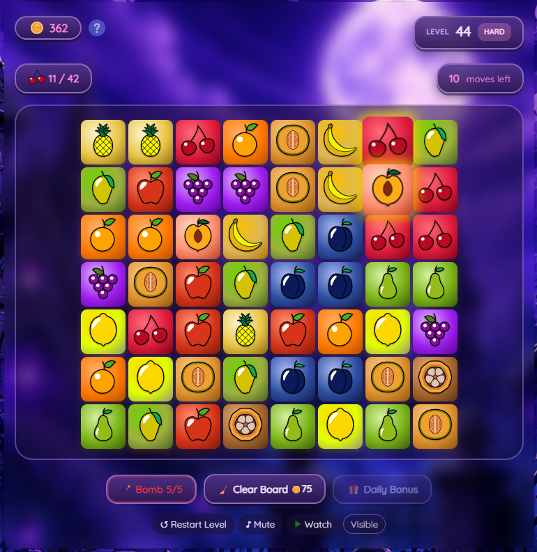 Fruit Frenzy gameplay on a Hard difficulty level, showing the haunted graveyard theme, goal progress, and coin bonuses